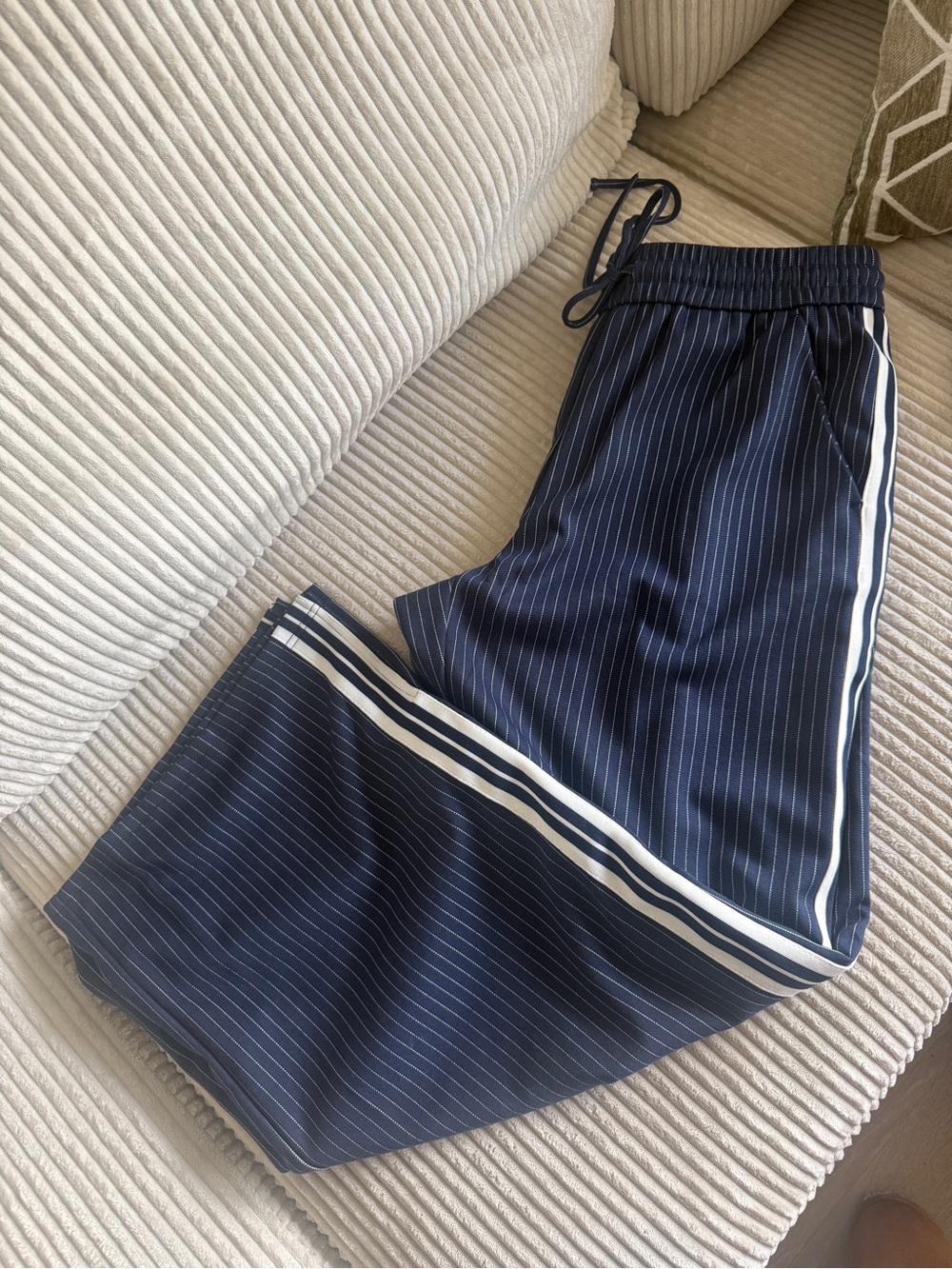 Cato Navy Pinstripe Joggers with White Side Stripes